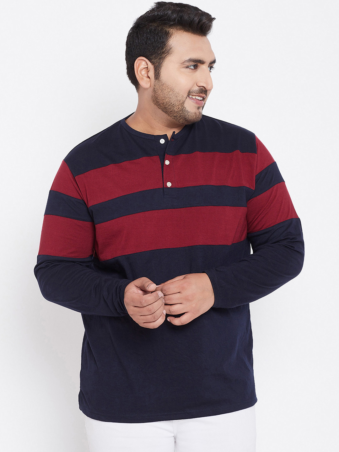 

bigbanana Plus Size Men Navy Blue Red Colourblocked Henley Neck Pure Cotton T-shirt
