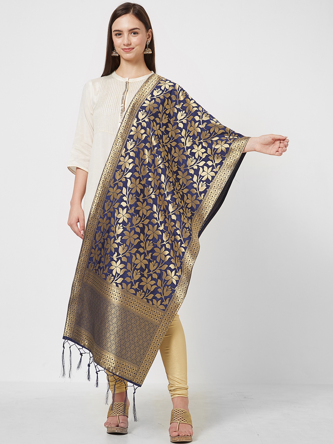 Saree mall Navy Blue & Gold-Toned Woven Design Dupatta