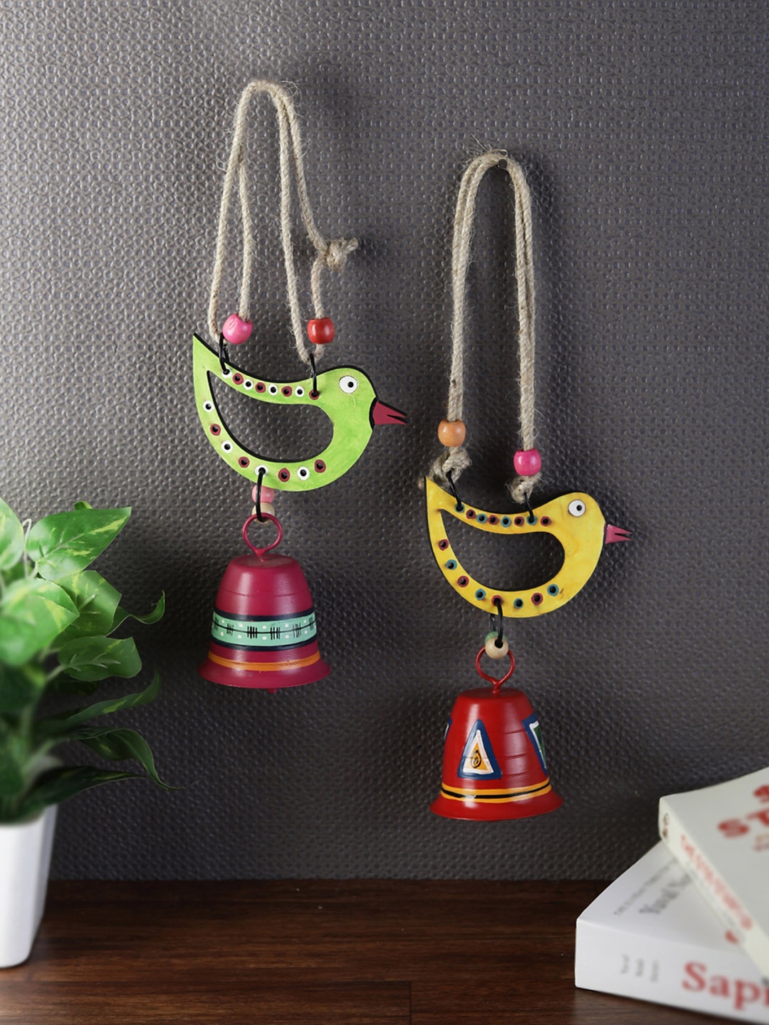 

VarEesha Set of 2 Multicoloured Sparrow Wall Decorative Bells Windchime, Multi