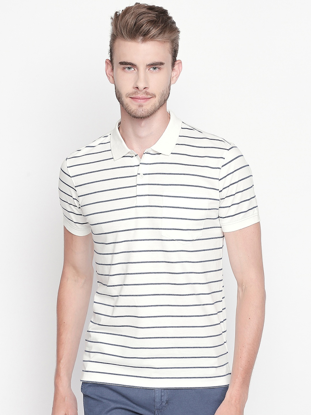 

BYFORD by Pantaloons Men Off-White & Blue Striped Polo Collar T-shirt