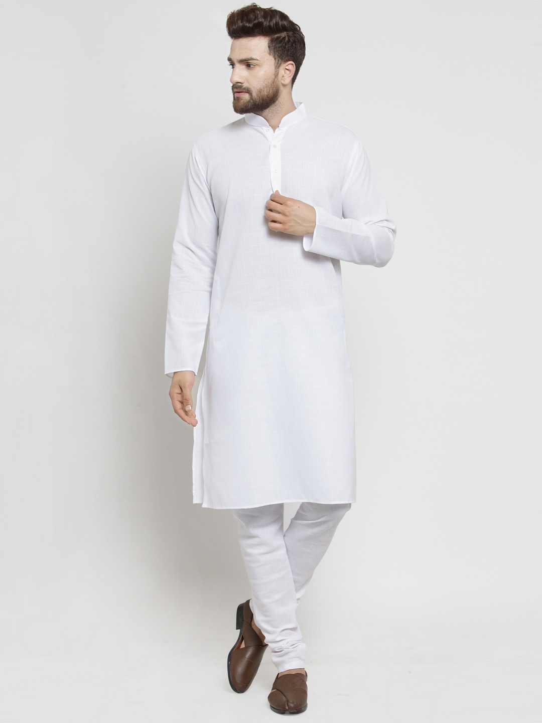 

TREEMODA Men White Solid Linen Straight Kurta