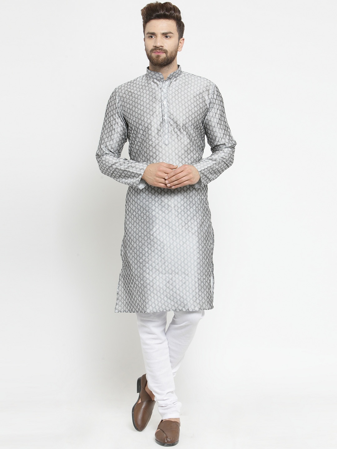 TREEMODA Men Grey Woven Design Straight Linen Kurta