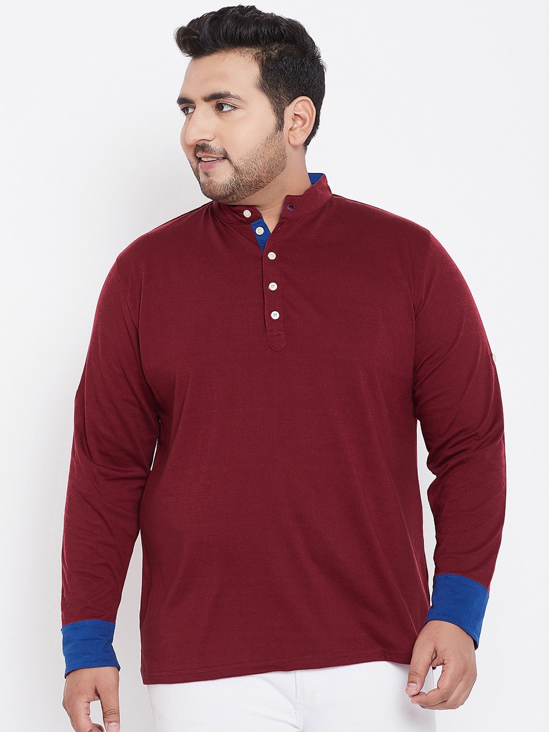 

bigbanana Plus Size Men Maroon Solid Mandarin Collar Pure Cotton T-shirt