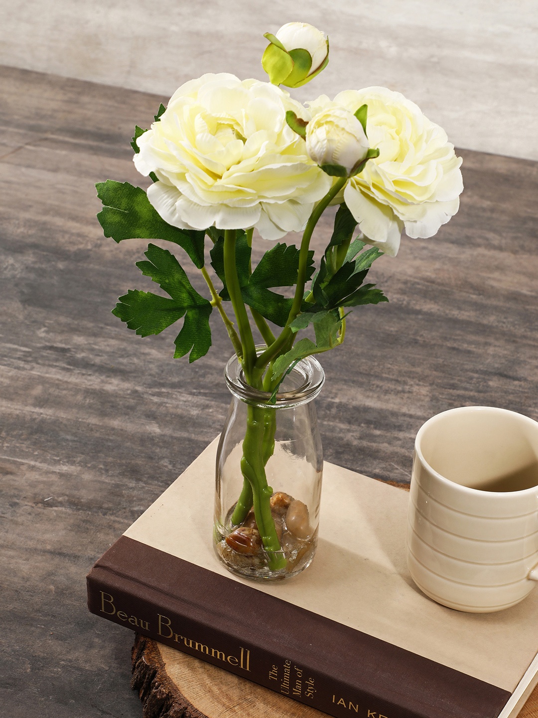 

Pure Home and Living Cream-Coloured & Green Camillia in Glass Vase