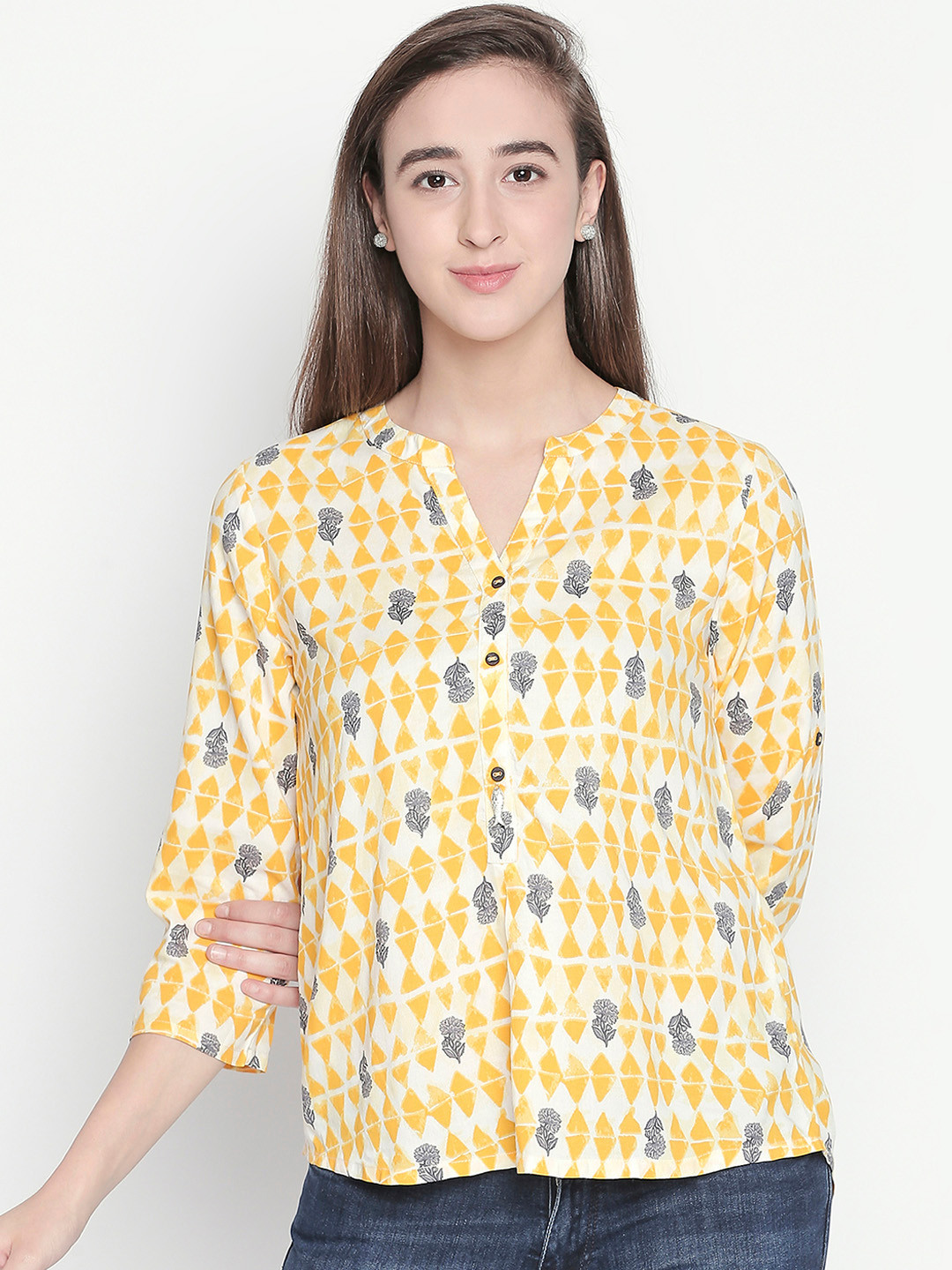 

AKKRITI BY PANTALOONS Women Mustard Printed Shirt Style Top