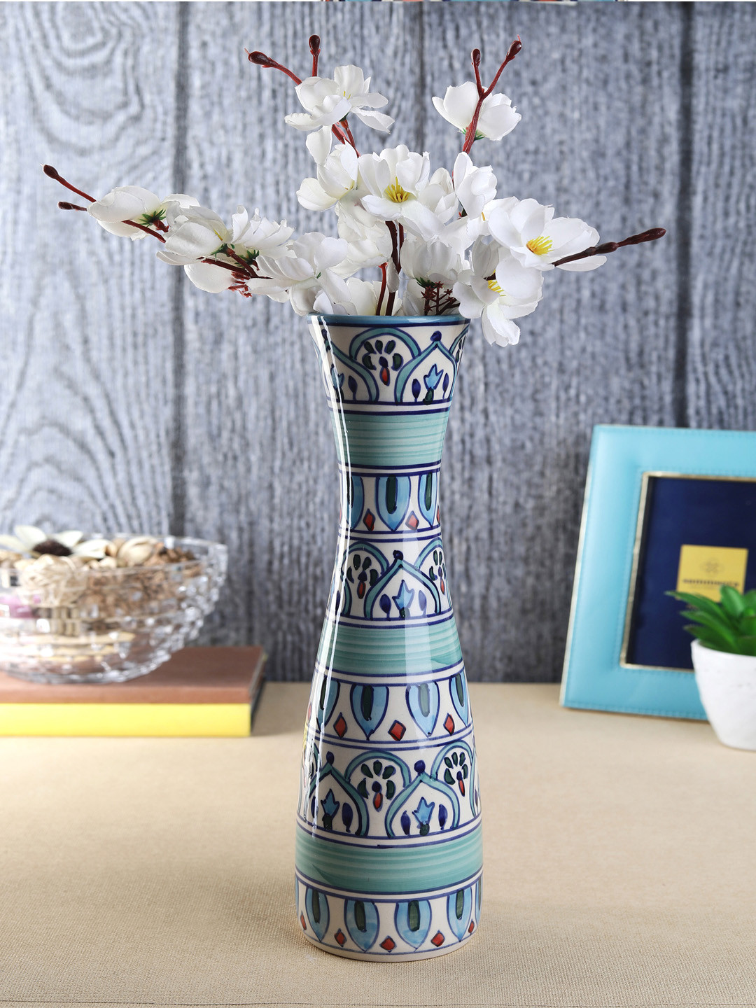 

VarEesha Turquoise Blue & White Printed Ceramic Flower Vase