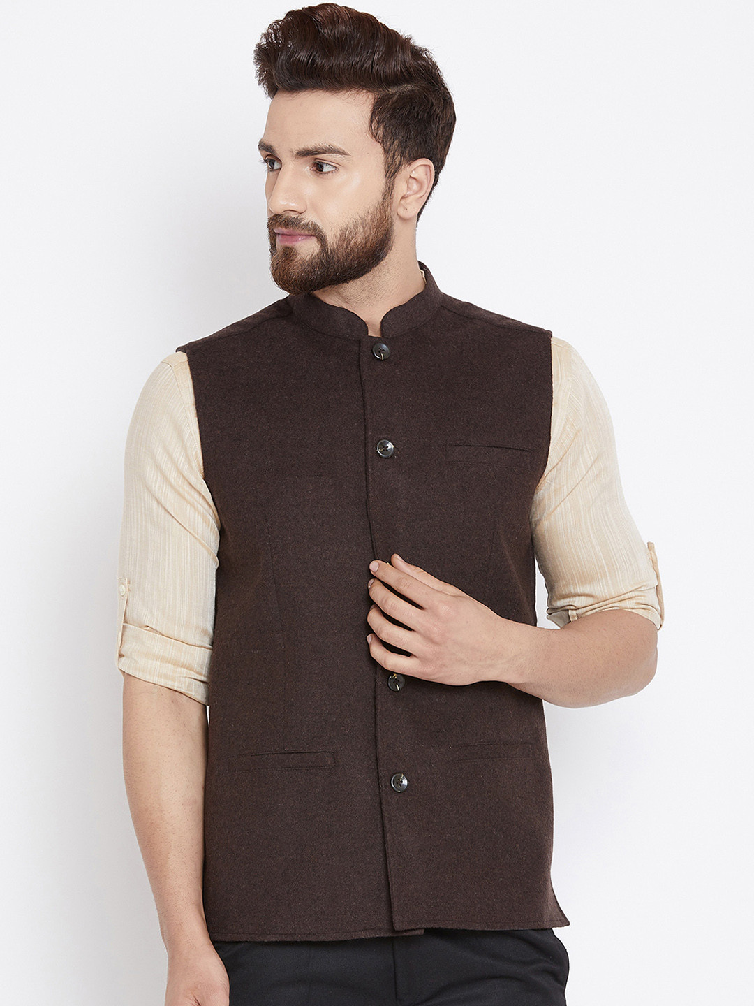 

Even Men Brown Solid Woven Wollen Nehru Jacket