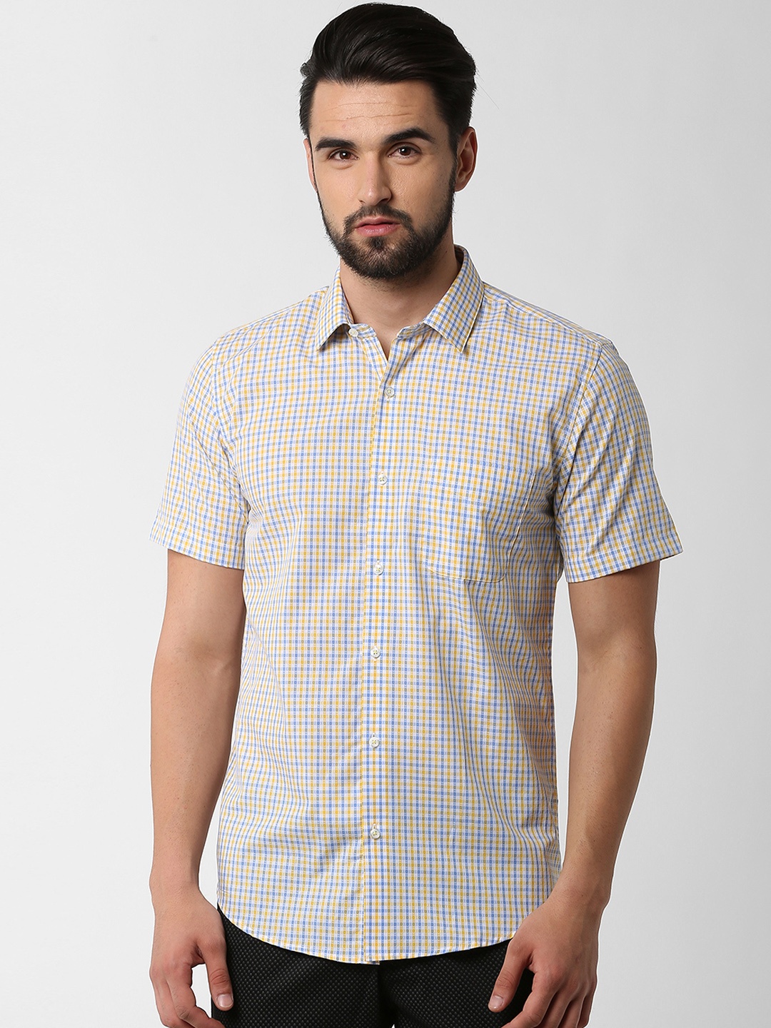 Peter England Men Blue & Yellow Slim Fit Checked Casual Shirt