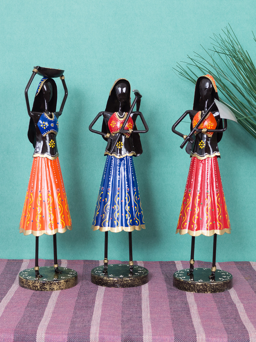 

Golden Peacock Set of 3 Multicoloured Handcrafted Lady Farmer Showpiece, Multi