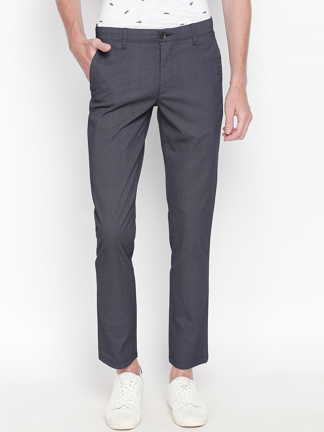

BYFORD by Pantaloons Men Navy Blue Slim Fit Printed Regular Trousers
