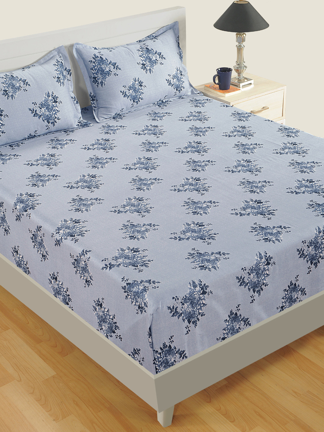 

SWAYAM Blue Floral 250 TC Cotton 1 Queen Bedsheet with 2 Pillow Covers