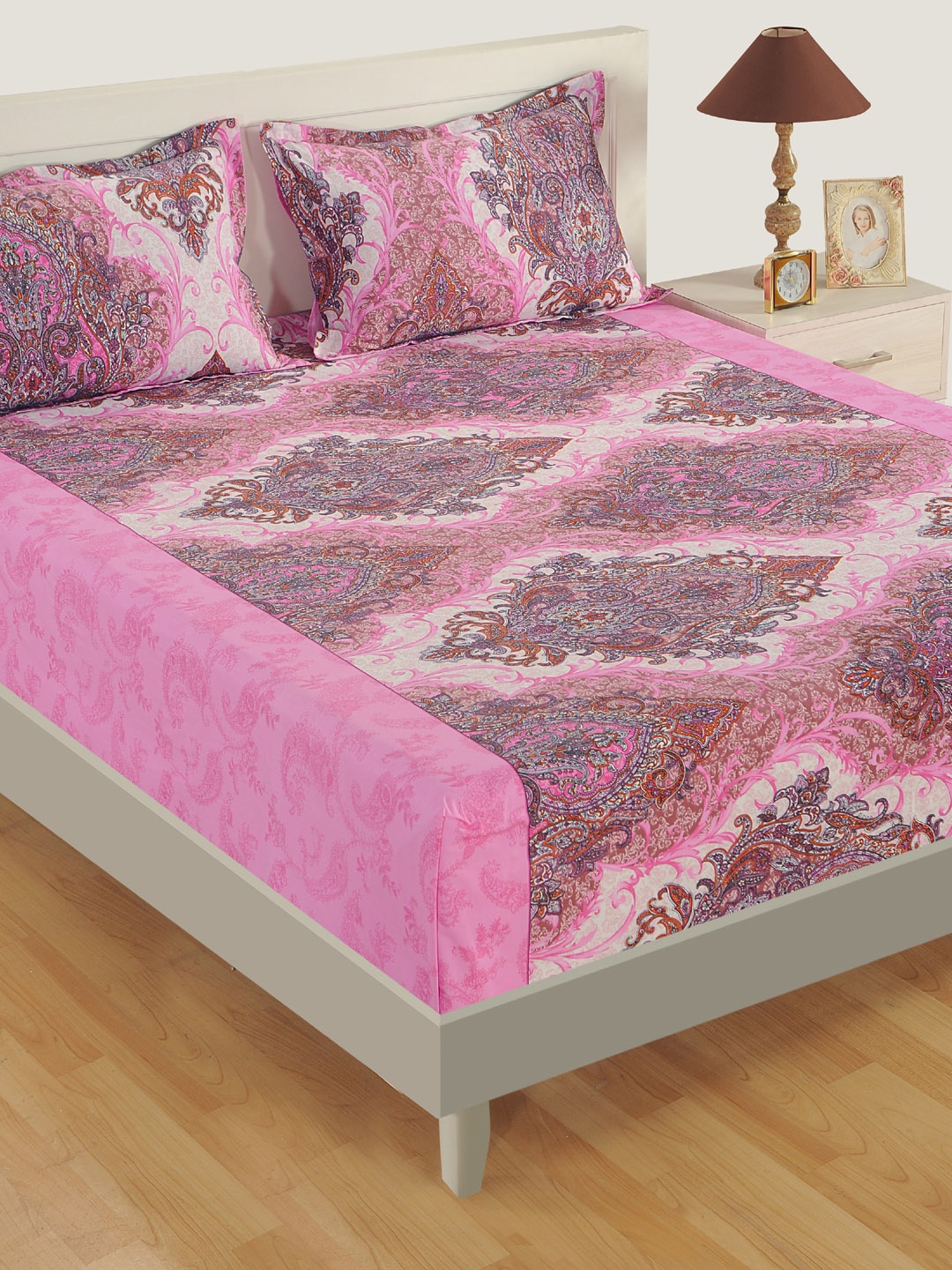SWAYAM Pink & Purple Ethnic Motifs 160 TC Cotton 1 Queen Bedsheet with 2 Pillow Covers