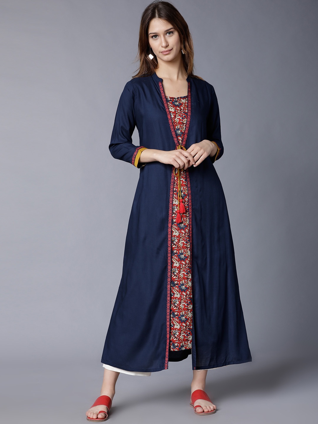 Vishudh Women Navy Blue & Red Printed A-Line Kurta