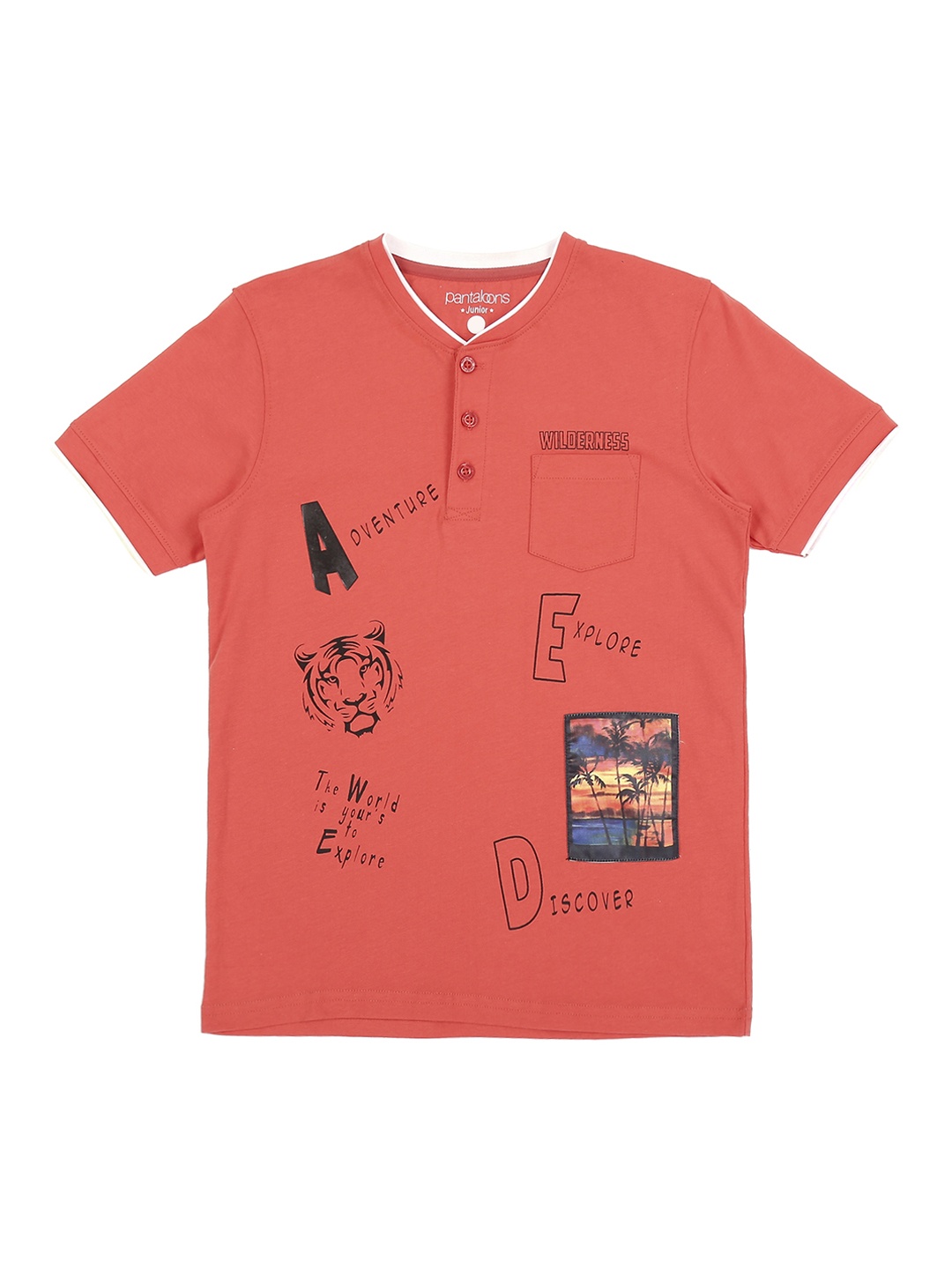

Pantaloons Junior Boys Pink Printed Henley Neck Pure Cotton T-shirt