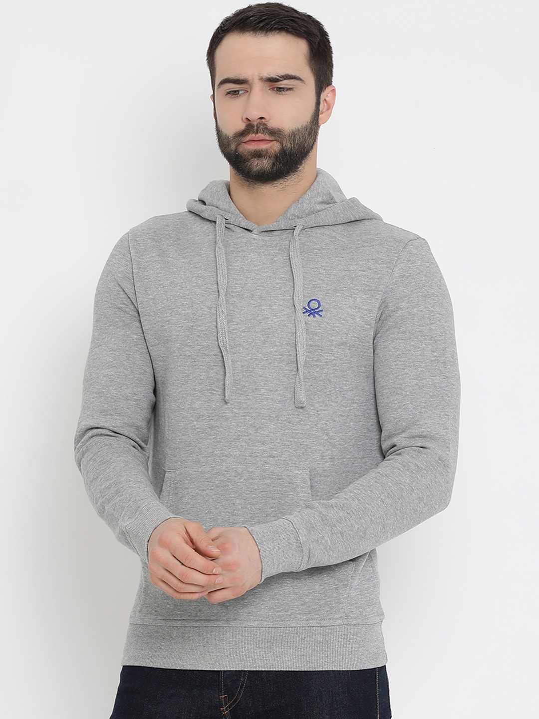 

United Colors of Benetton Men Grey Solid Hooded Sweatshirt