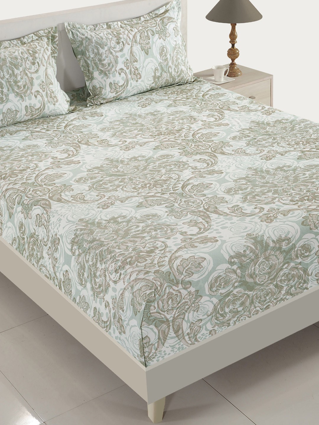 

SWAYAM Off-White & Grey Ethnic Motifs 160 TC Cotton 1 Queen Bedsheet with 2 Pillow Covers