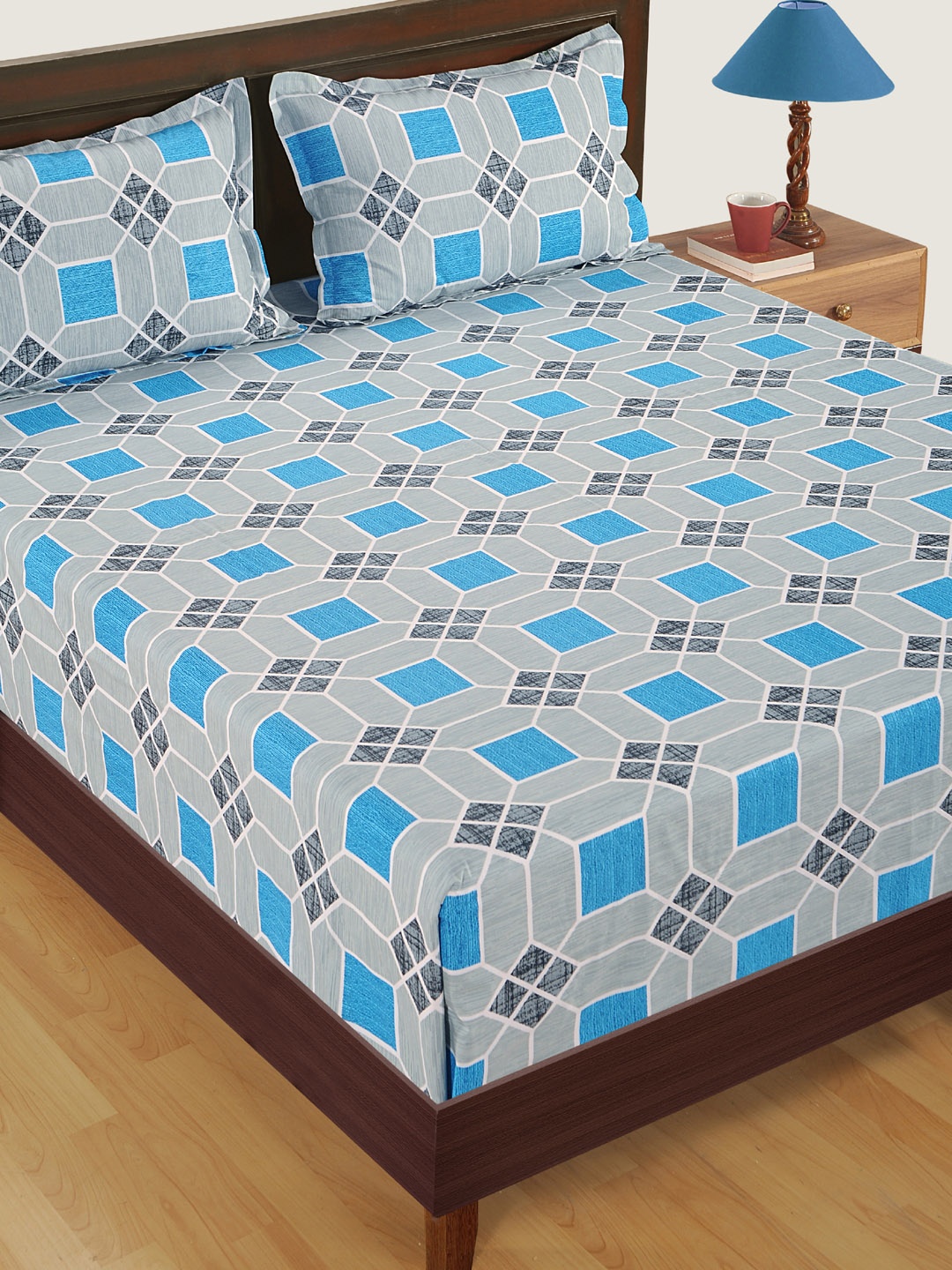 

SWAYAM Blue & Grey Geometric 180 TC Cotton 1 King Bedsheet with 2 Pillow Covers