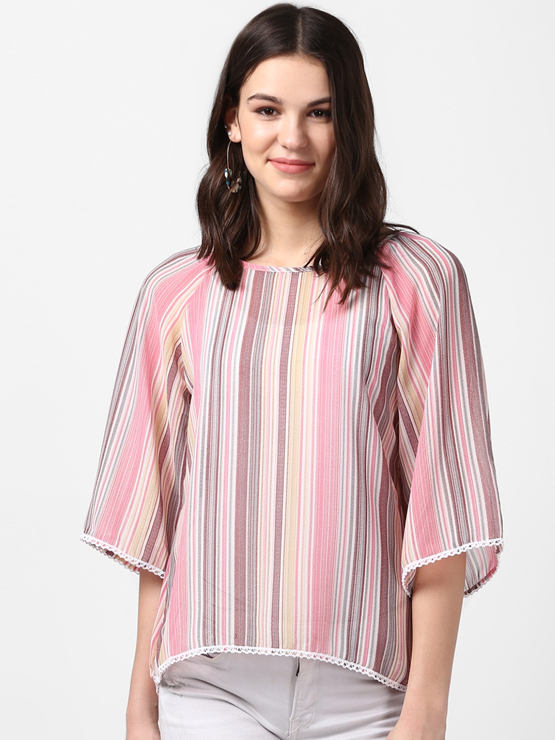 StyleStone Women Pink Striped High-Low Top