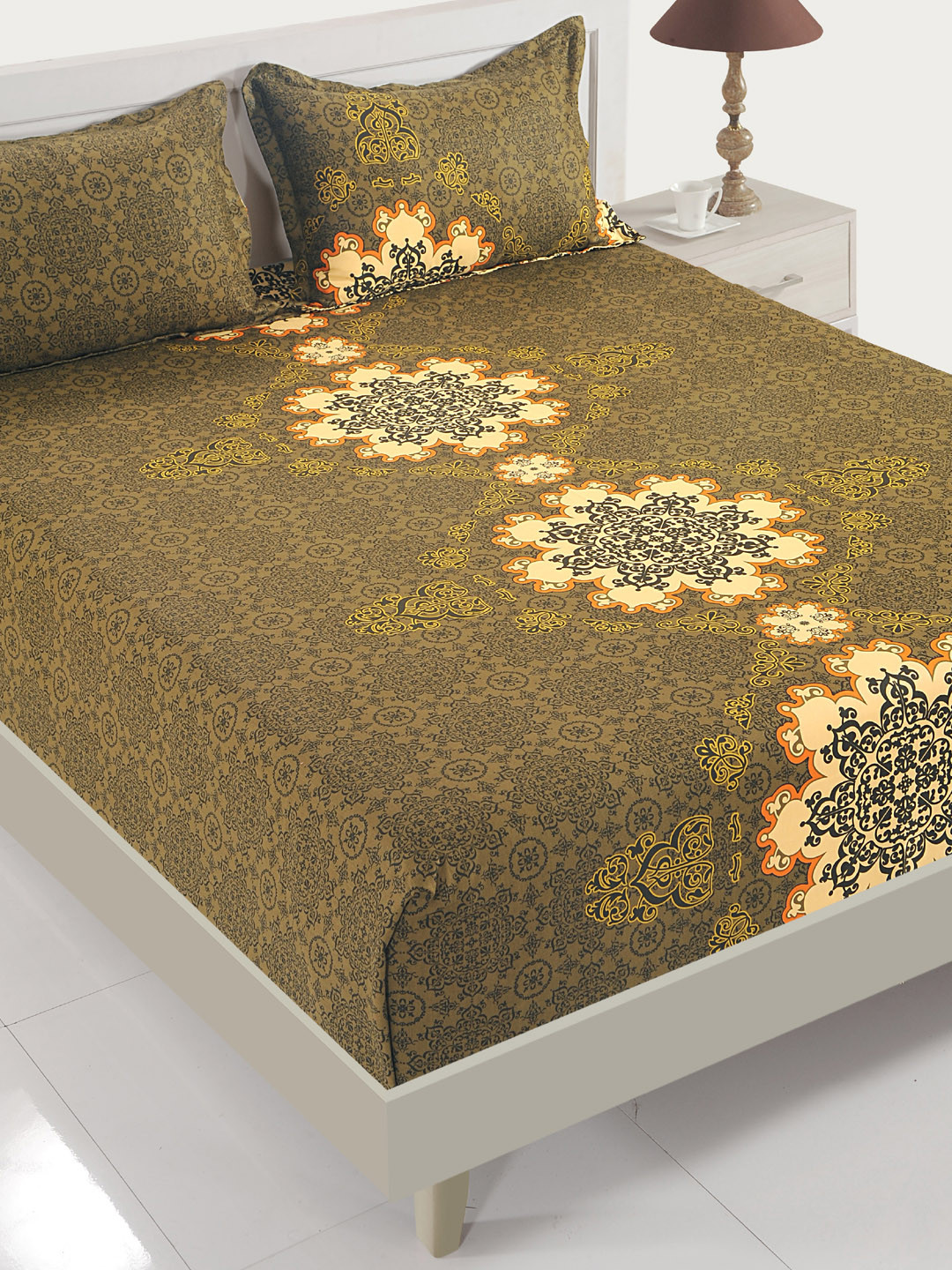 

SWAYAM Olive Green & Black Ethnic Motifs 250 TC Cotton 1 Extra Large Bedsheet with 2 Pillow Covers