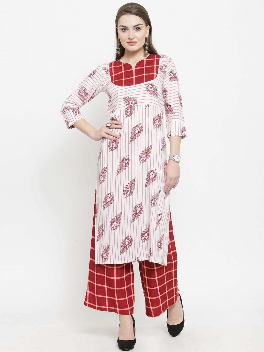 

Indibelle Women White & Maroon Printed Straight Kurta