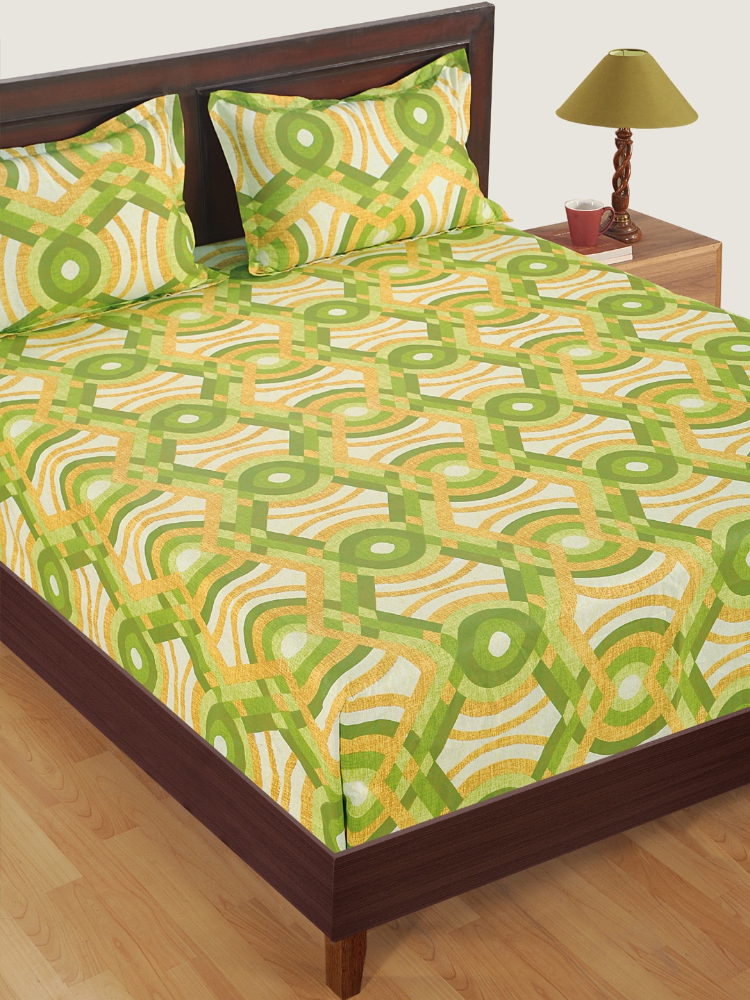 

SWAYAM Green & Off-White Abstract 160 TC Cotton 1 Queen Bedsheet with 2 Pillow Covers