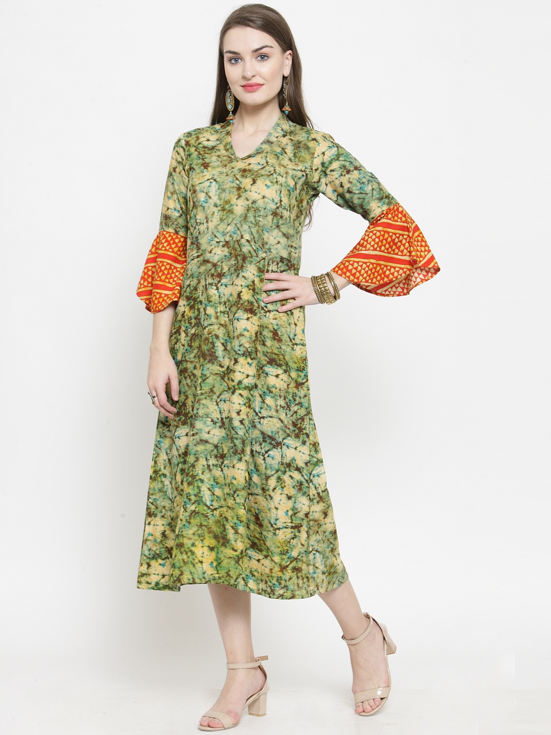

Indibelle Women Olive Green Printed Fit and Flare Dress