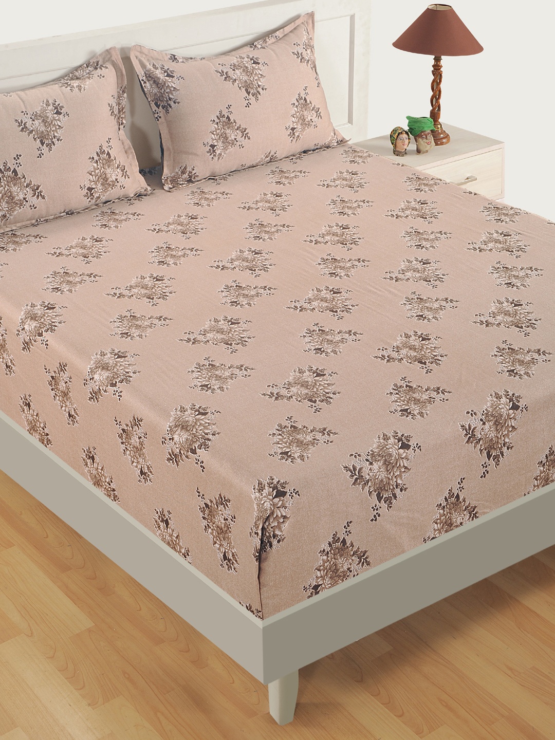 

SWAYAM Brown Floral 250 TC Cotton 1 Queen Bedsheet with 2 Pillow Covers