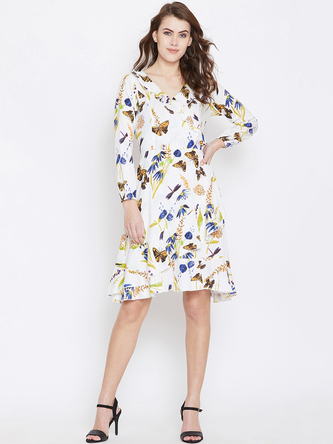 

Berrylush Women White & Blue Butterfly Printed Wrap Dress