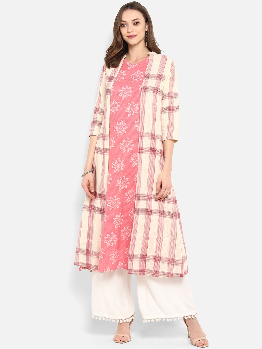 

Meeranshi Women Pink & White Printed A-Line Kurta with Shrug