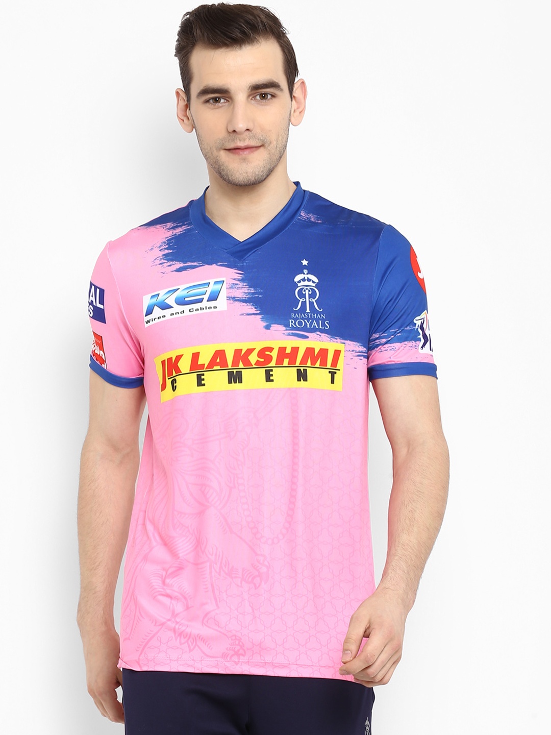 

Alcis Men Rajasthan Royals Pink & Blue Printed V-Neck T-shirt