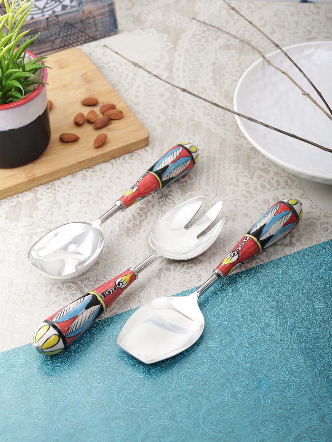 

VarEesha Set of 3 Multicoloured Printed Stainless Steel Serving Spoons, Multi