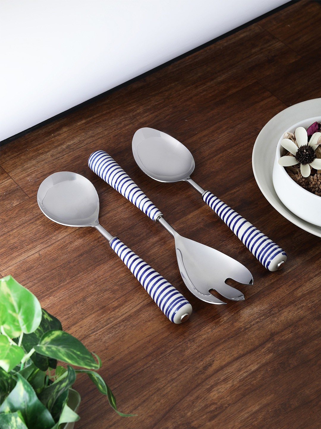 

VarEesha Blue Set Of 3 Hand-Painted Stainless Steel Spoons Set