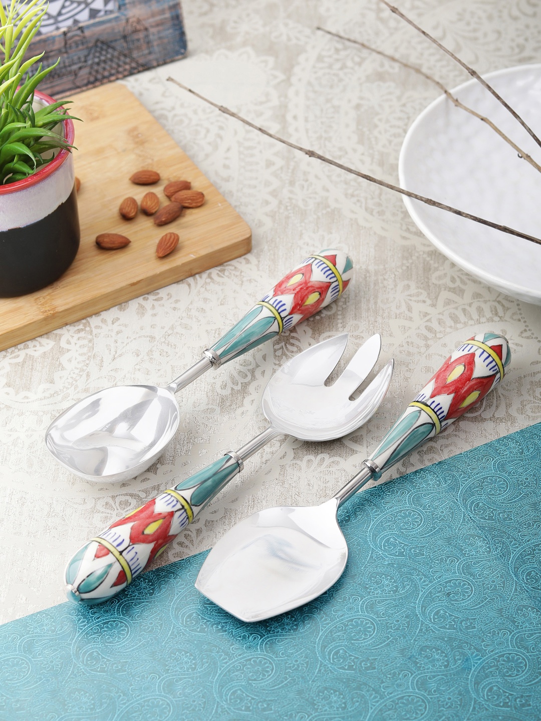

VarEesha Set of 3 Multicoloured Stainless Steel Hand-Painted Serving Spoon, Multi