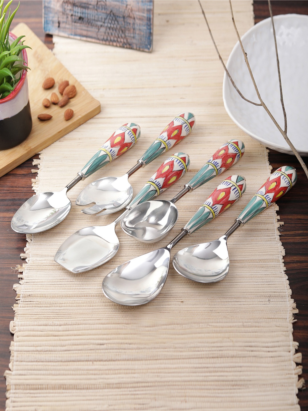 VarEesha Set of 6 Multicoloured Stainless Steel Hand-painted Serving Spoons, Multi