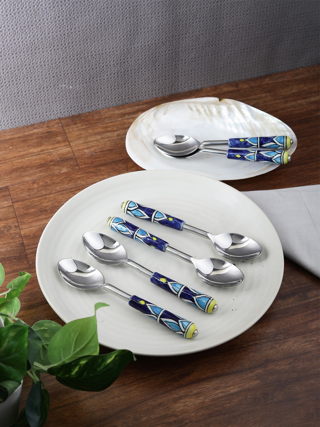 

VarEesha Set Of 6 Printed Stainless Steel Hand-Painted Spoon Set, Blue
