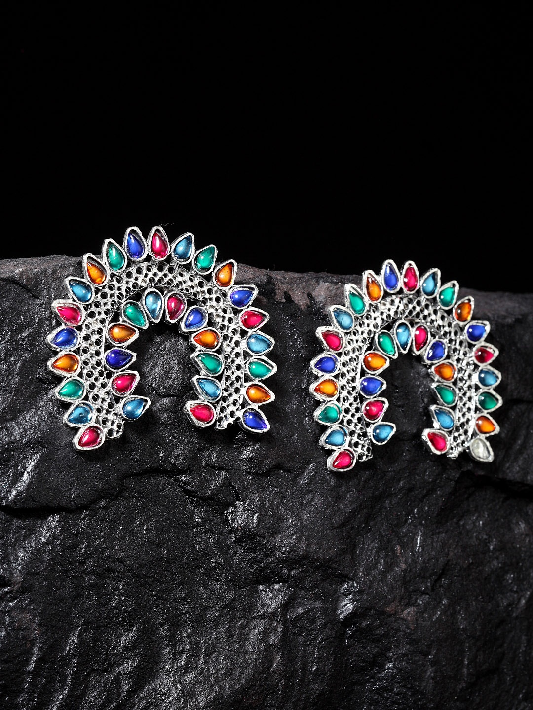 Moedbuille Multicoloured Silver-Plated Handcrafted Crescent Shaped Studs, Multi