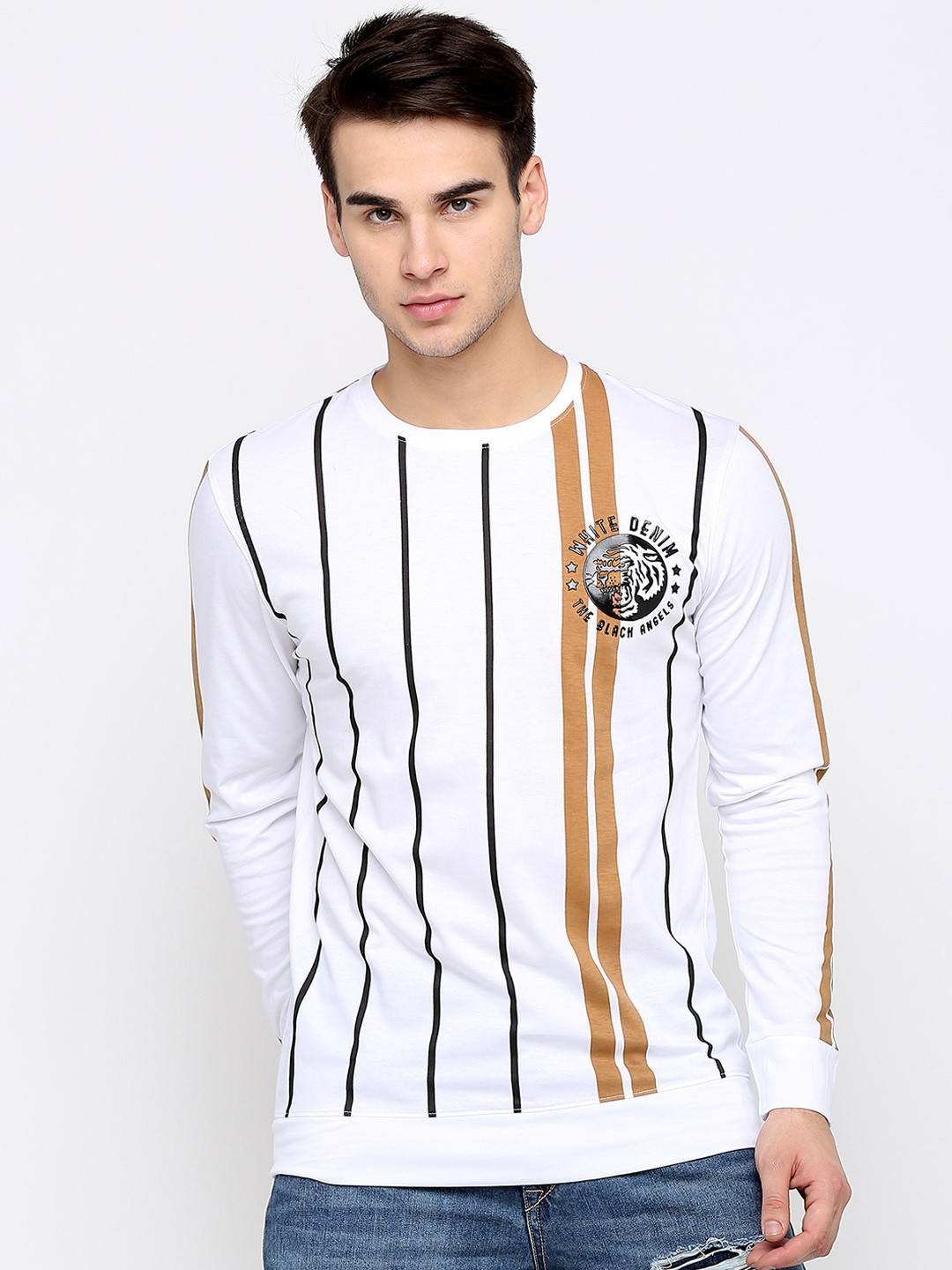 

Maniac Men White Striped Round Neck Pure Cotton T-shirt