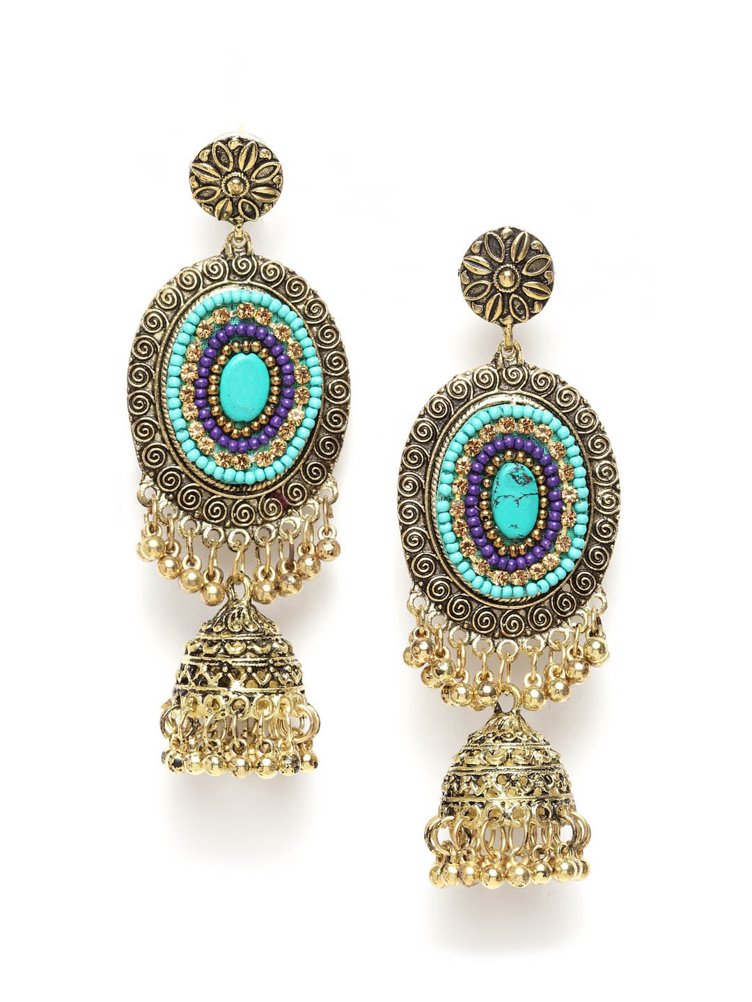 

Moedbuille Turquoise Blue & Blue Dome Shaped Jhumkas