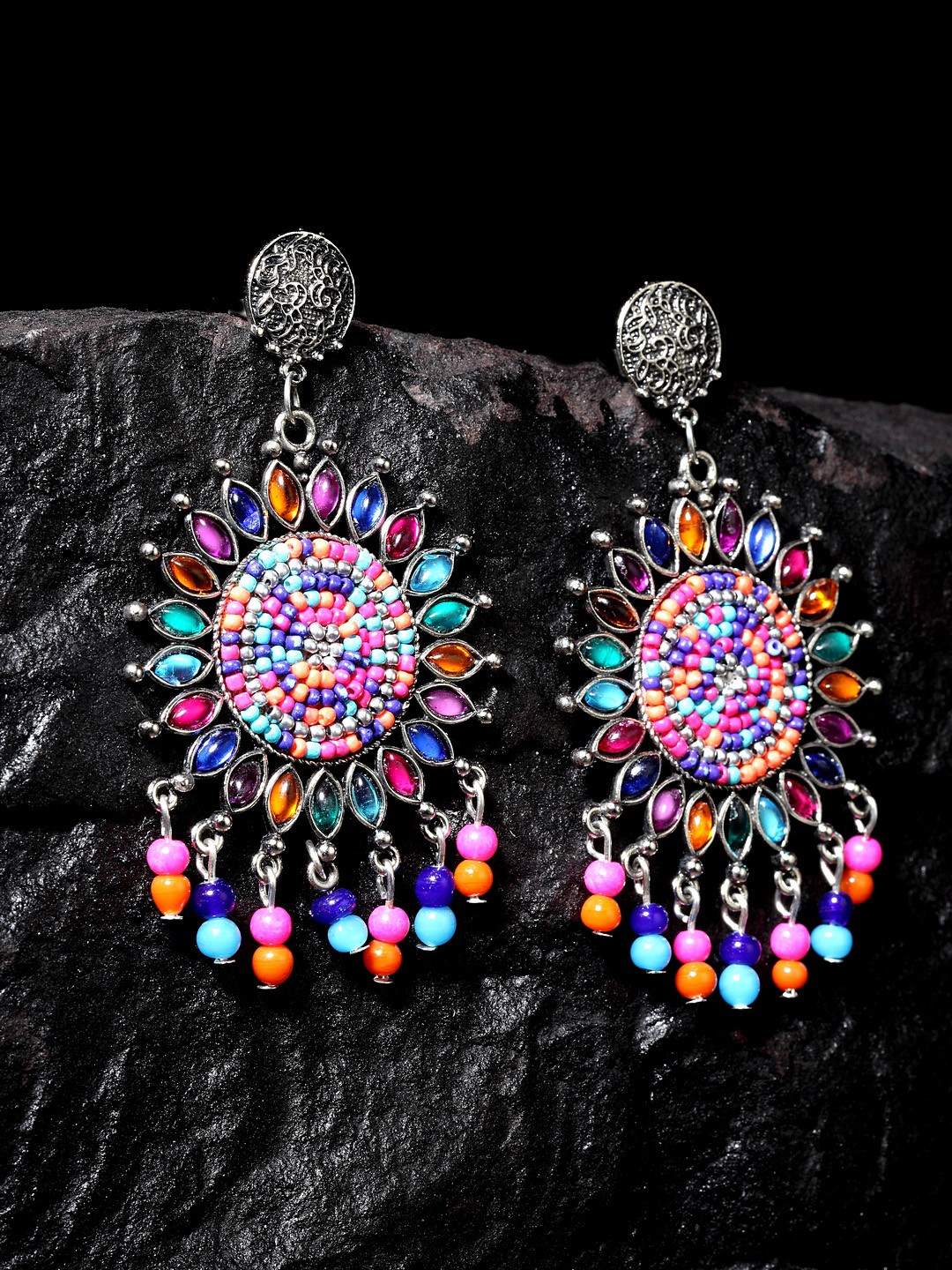 

Moedbuille Multicoloured Silver-Plated Handcrafted Circular Drop Earrings, Multi