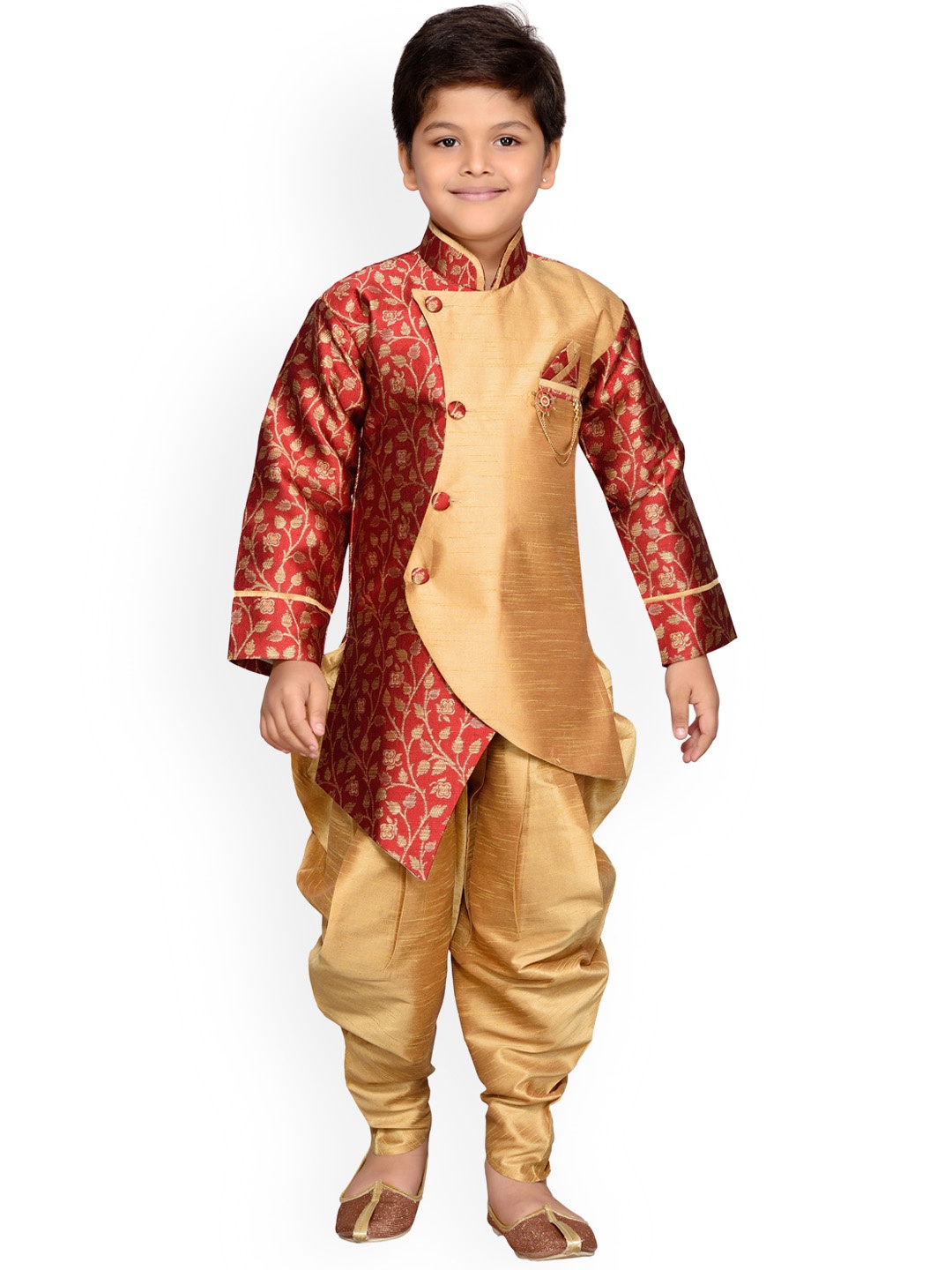 

Aj DEZInES Boys Maroon & Gold-Toned Woven Design Sherwani Set