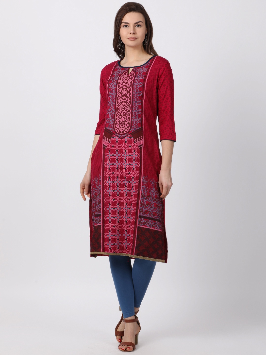 

Alena Women Pink & Red Printed Straight Kurta