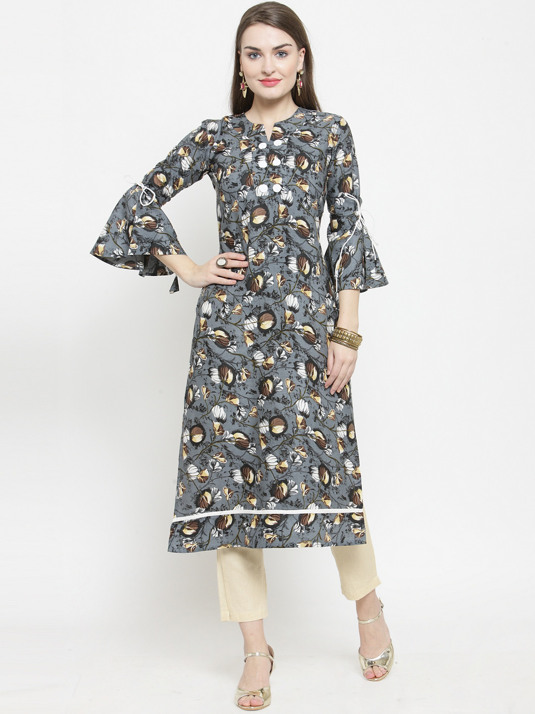 

Indibelle Women Grey & Cream-Coloured Printed Kurta with Trousers