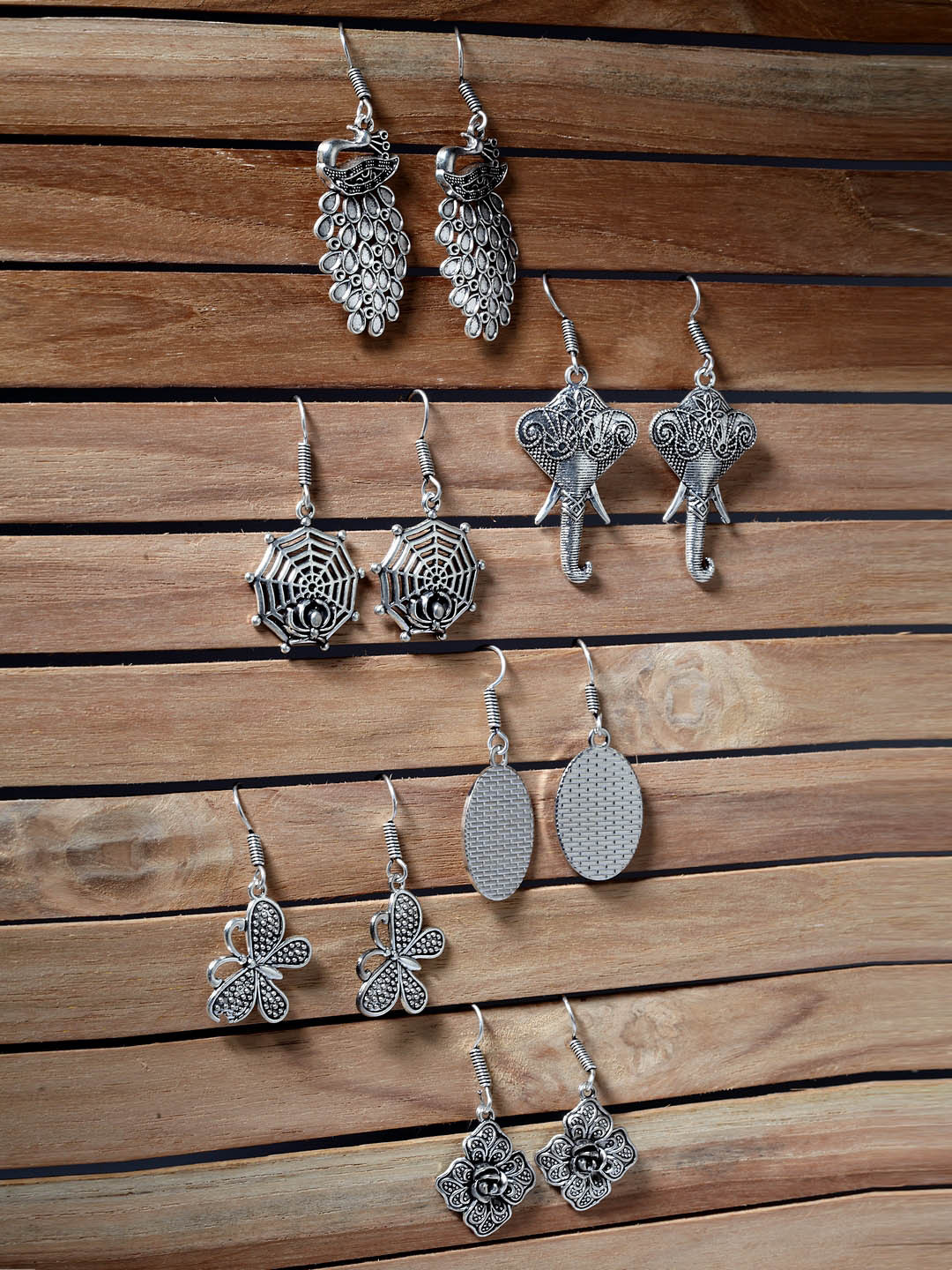

Moedbuille Set of 6 Silver-Plated Oxidised Peacock Shaped Drop Earrings