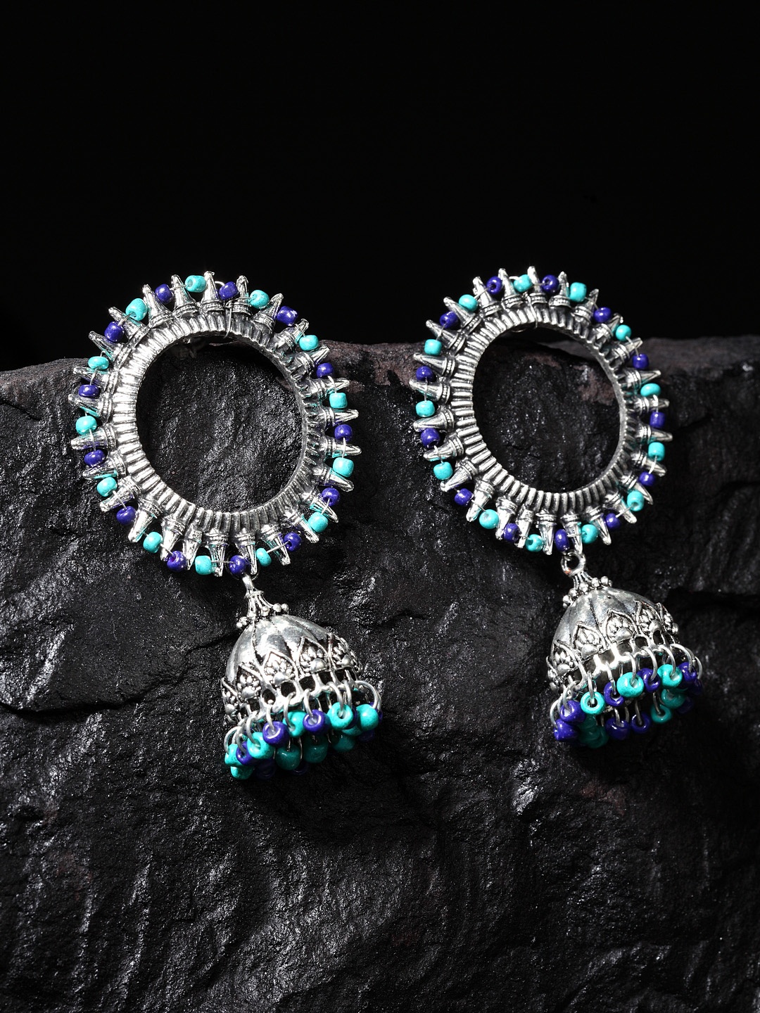 

Moedbuille Silver-Toned & Blue Dome Shaped Jhumkas