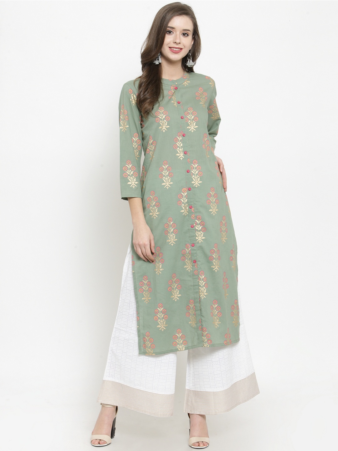 

Varanga Women Green & White Printed Kurta with Palazzos
