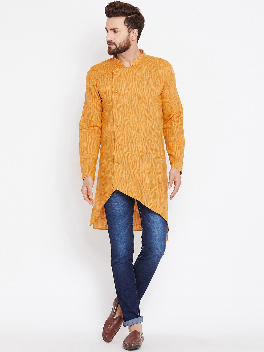 

even Men Yellow Woven Design Straight Kurta