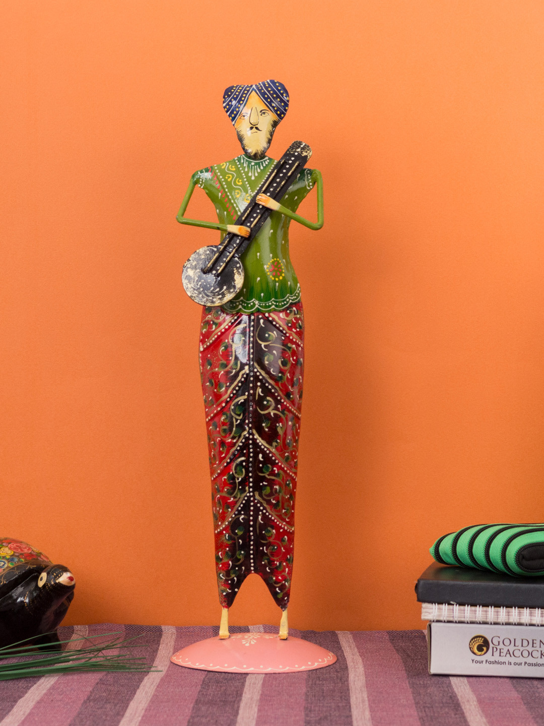 

Golden Peacock Multicoloured Handcrafted Musician Showpiece, Multi