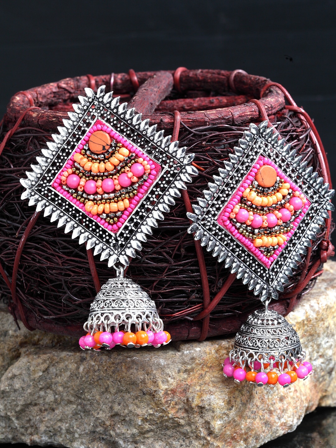 

Moedbuille Pink & Silver-Plated Handcrafted Square Jhumkas