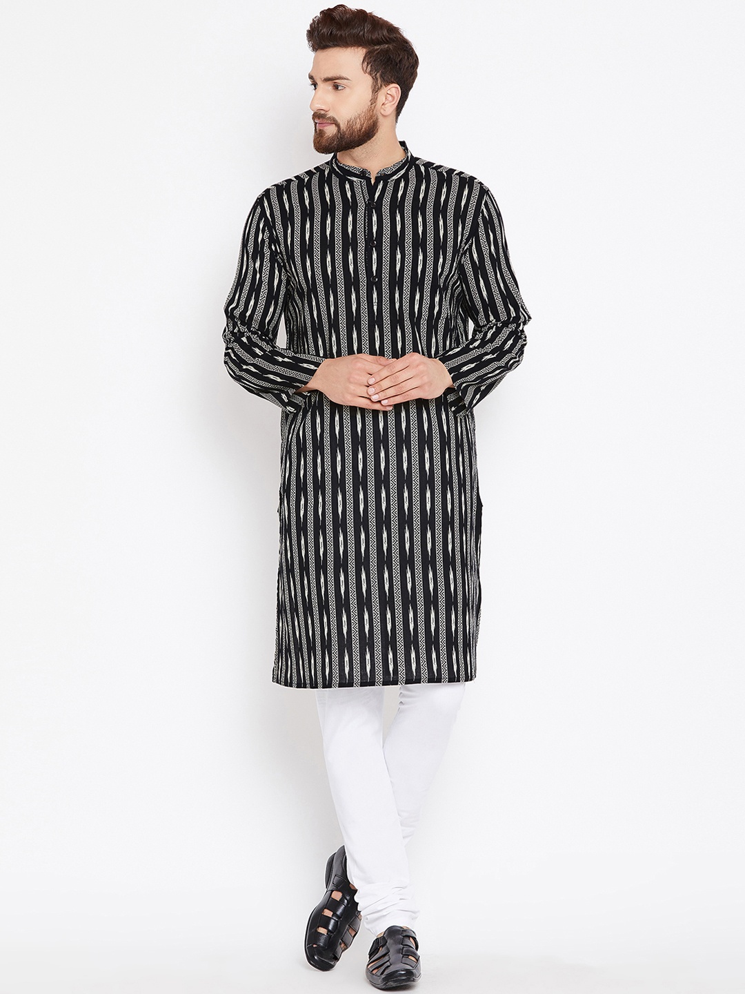 

even Men Black Woven Design Straight Kurta