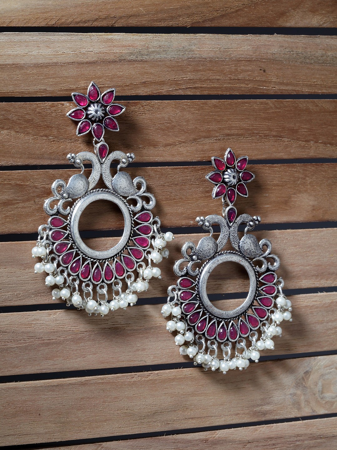 

Moedbuille Pink & Silver-Plated Handcrafted Circular Chandbalis